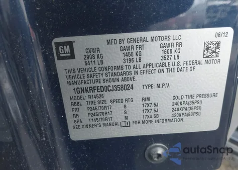 2012 Chevrolet Traverse Ls from USA, damaged, VIN 1GNKRFED0CJ358024